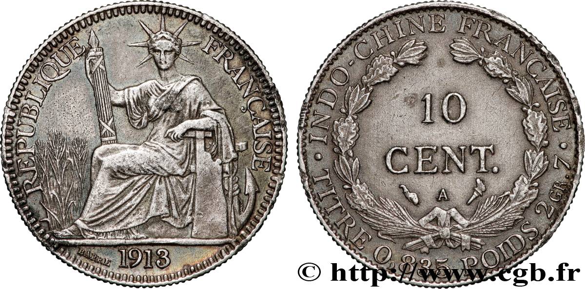 FRENCH INDOCHINA 10 Centièmes 1913 Paris XF 