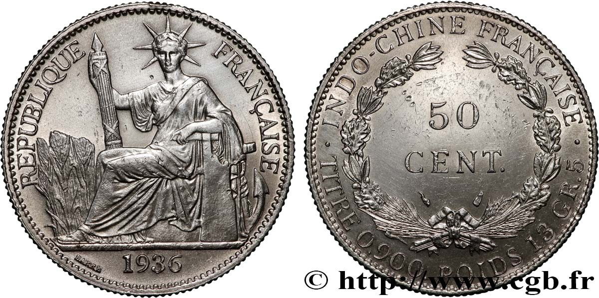 FRENCH INDOCHINA 50 Centièmes 1936 Paris AU 