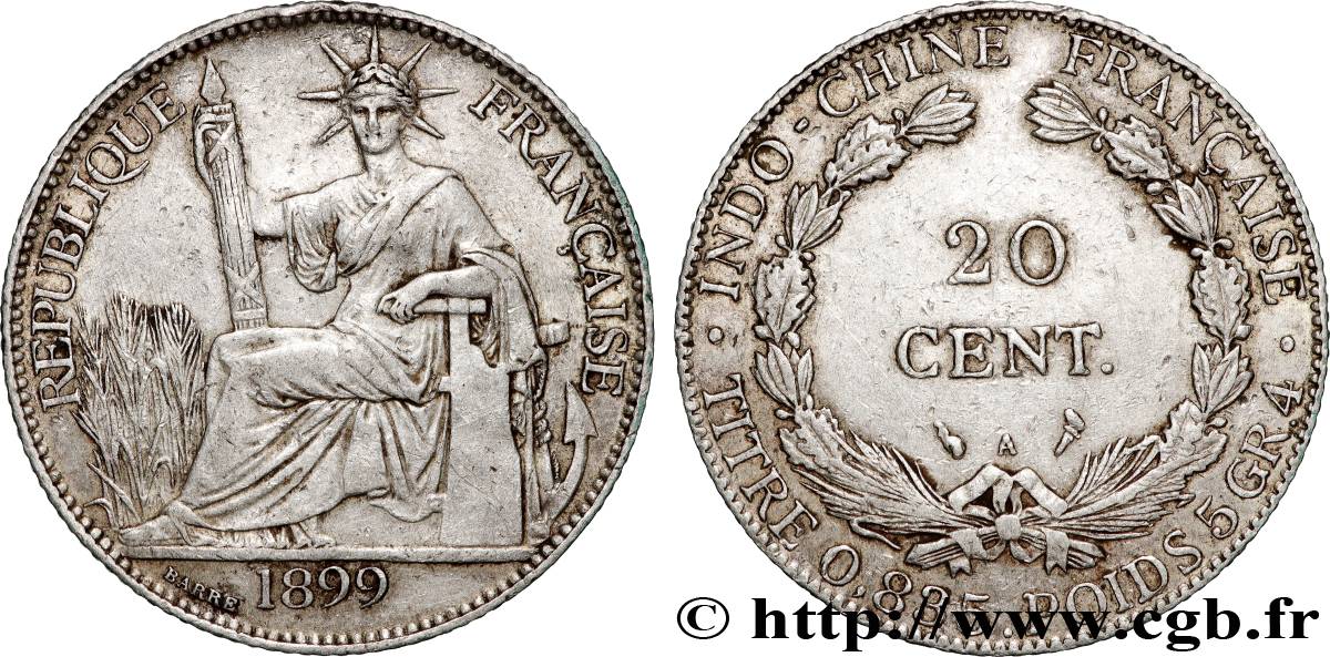 FRENCH INDOCHINA 20 Centièmes 1899 Paris XF 