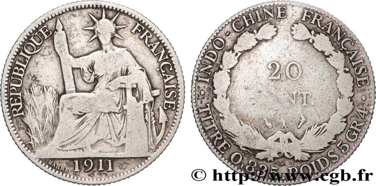 INDOCHINA 20 Centièmes 1911 Paris BC 