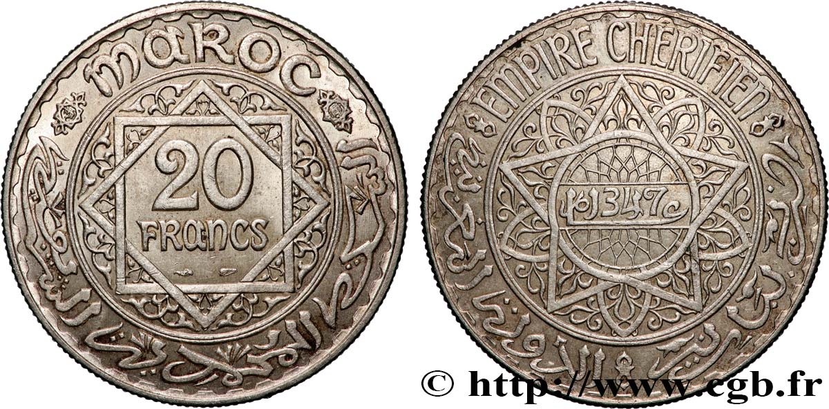 MAROCCO - PROTETTORATO FRANCESE 20 Francs AH 1347 1928 Paris q.SPL 