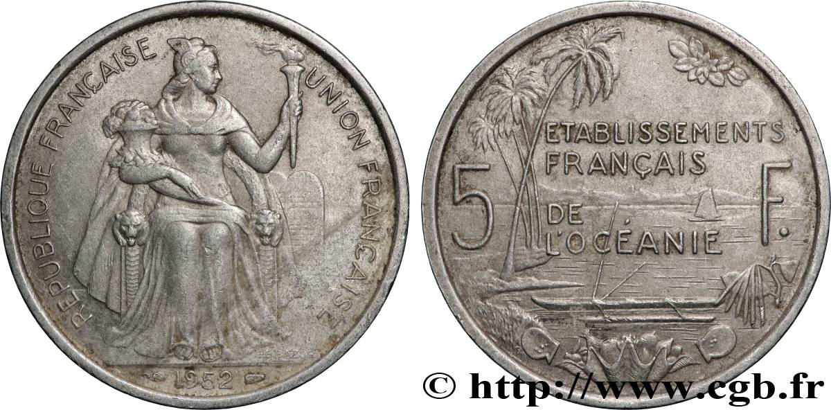 POLYNÉSIE FRANÇAISE - Océanie française 5 Francs Établissements Français de l’Océanie 1952 Paris TTB 