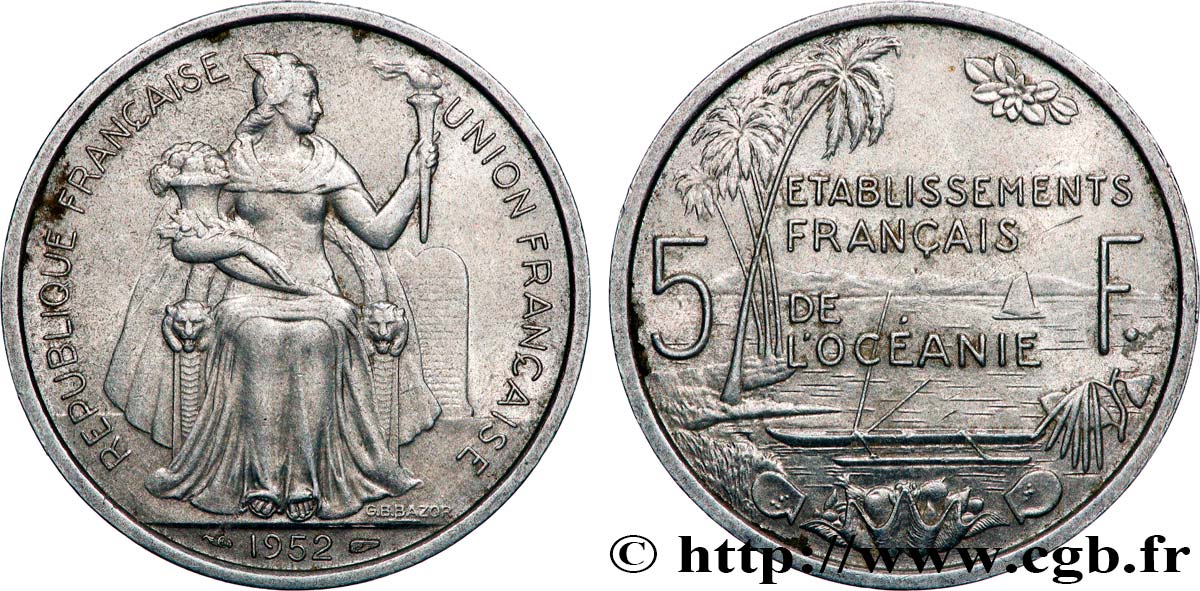 FRENCH POLYNESIA - Oceania Francesa 5 Francs Établissements Français de l’Océanie 1952 Paris MBC 