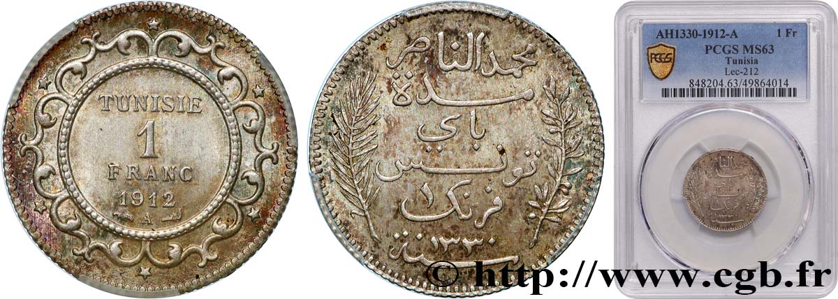 TUNISIE - PROTECTORAT FRANÇAIS 1 Franc AH 1330 1912 Paris SPL63 