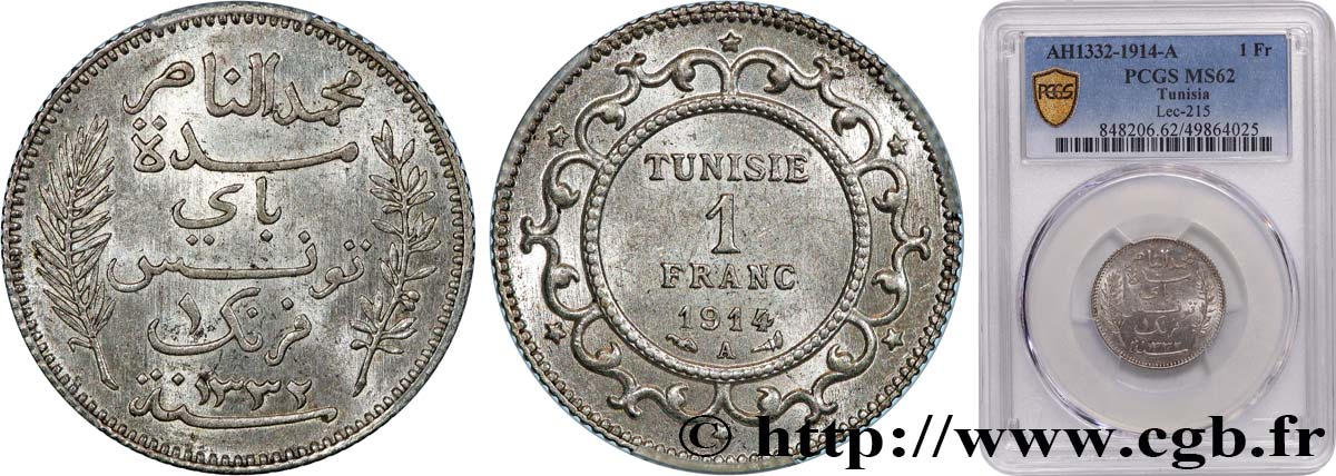 TUNEZ - Protectorado Frances 1 Franc AH 1332 1914 Paris EBC62 PCGS