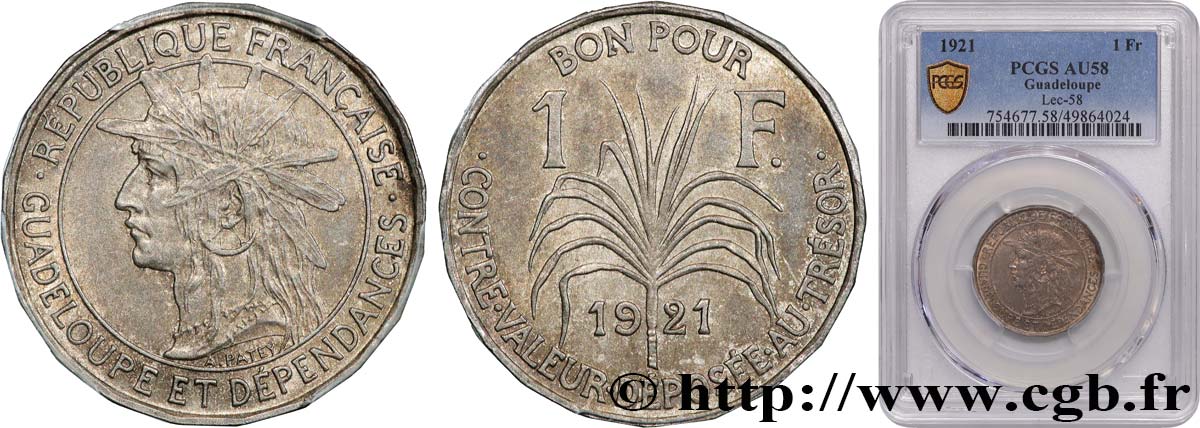 GUADELOUPE Bon pour 1 Franc 1921  SUP58 PCGS