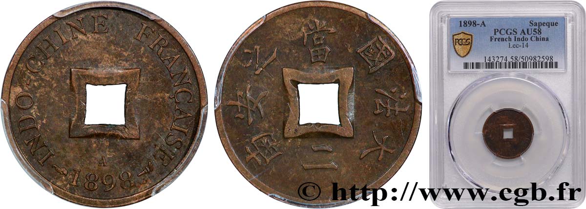 FRENCH INDOCHINA 1 Sapèque (1/500 de Piastre) 1898 Paris AU58 PCGS