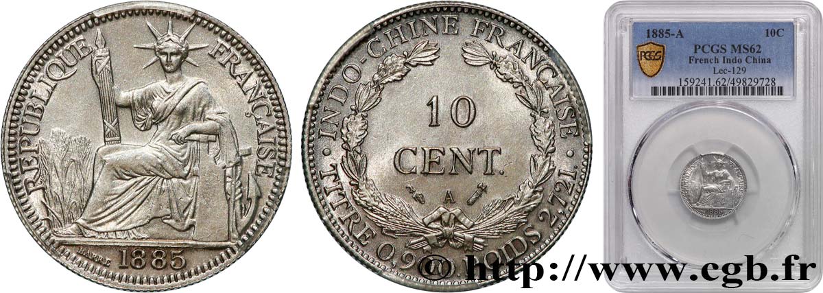 FRENCH INDOCHINA 10 Centièmes 1885 Paris MS62 PCGS