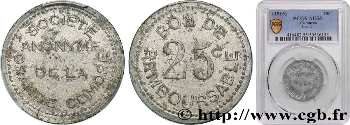 COMOROS  25 Centimes 1915  AU55 PCGS