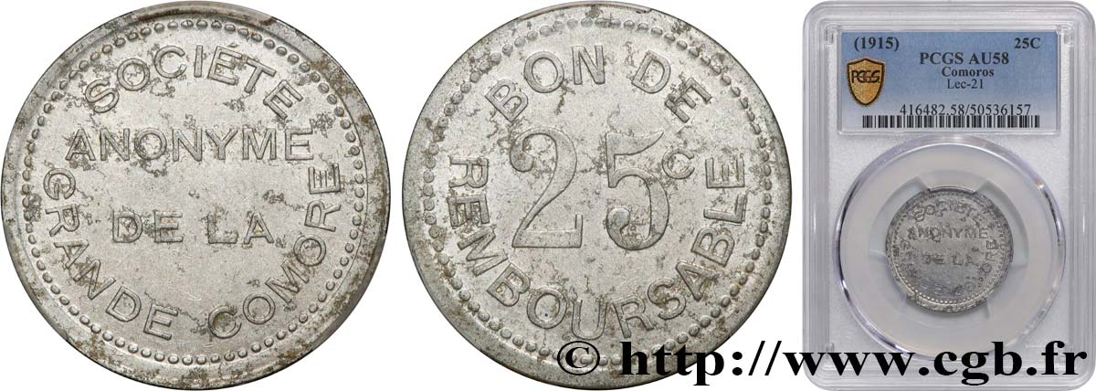 COMOROS  25 Centimes 1915  AU58 PCGS