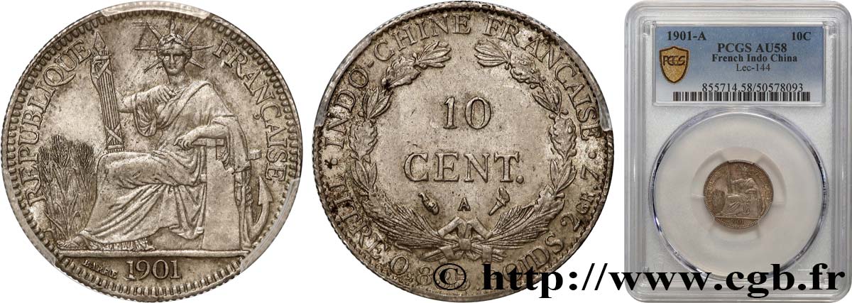 INDOCHINA 10 Centièmes 1901 Paris EBC58 PCGS