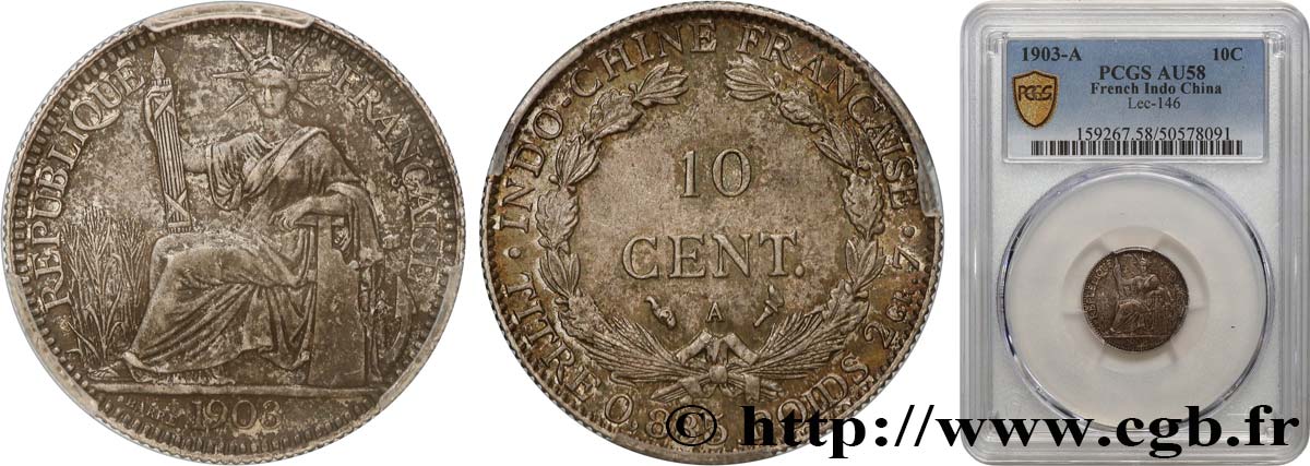 FRENCH INDOCHINA 10 Centièmes 1903 Paris AU58 PCGS