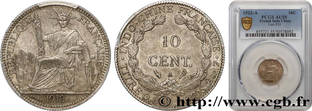 FRENCH INDOCHINA 10 Centièmes 1912 Paris AU55 PCGS