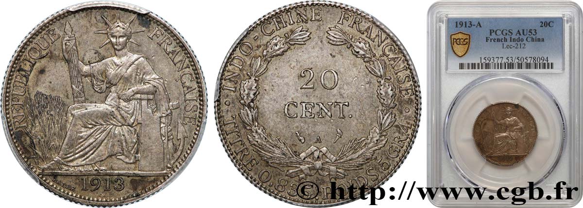 INDOCHINE FRANÇAISE 20 Centièmes 1913 Paris TTB53 PCGS