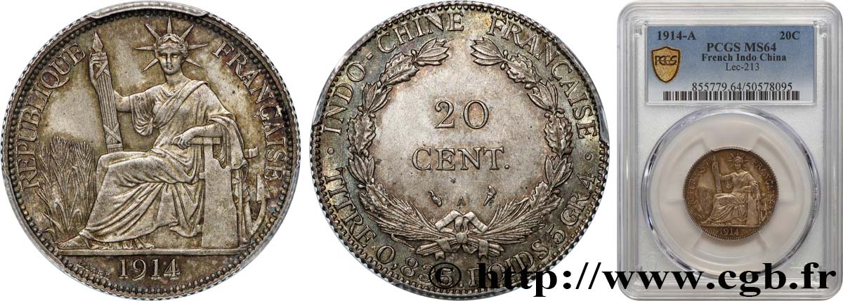 INDOCINA FRANCESE 20 Centièmes 1914 Paris MS64 PCGS