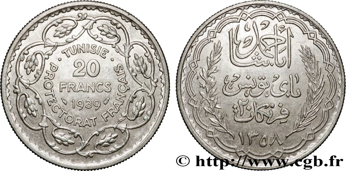 TUNISIE - PROTECTORAT FRANÇAIS 20 Francs au nom du  Bey Ahmed an 1358 1939 Paris SUP 