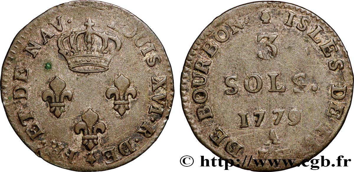 ISLES OF FRANCE AND BOURBON 3 Sols 1779 Paris XF 