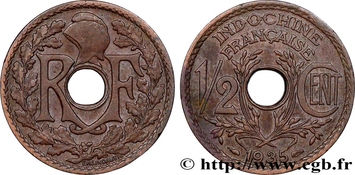 FRENCH INDOCHINA 1/2 Centième 1935 Paris XF 