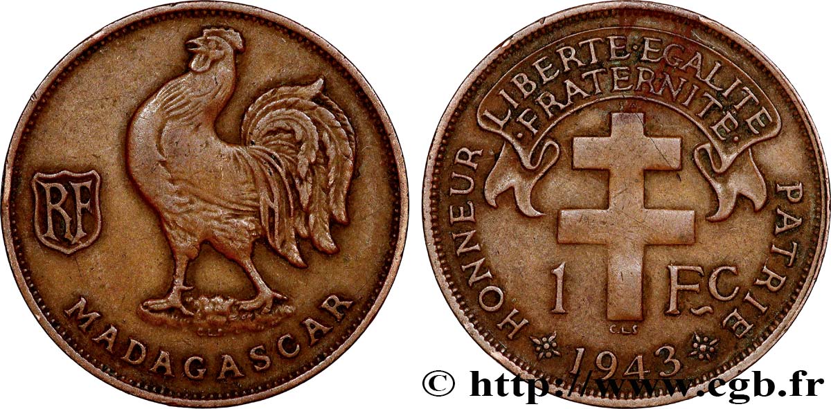 ÎLE DE MADAGASCAR - France Libre 1 Franc 1943 Prétoria TTB 