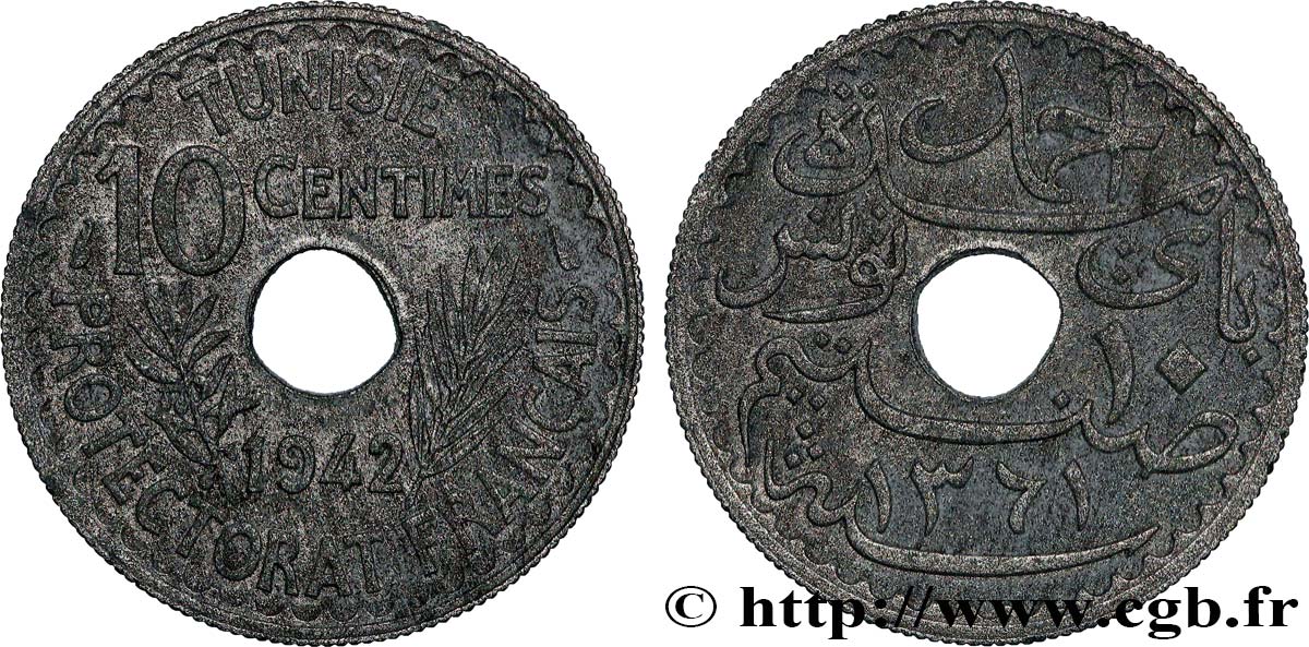 TUNISIA - French protectorate 10 Centimes AH 1361 1942 Paris XF 