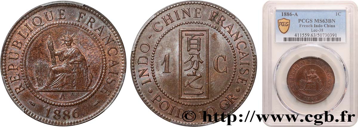 INDOCINA FRANCESE 1 Centième 1886 Paris MS63 PCGS