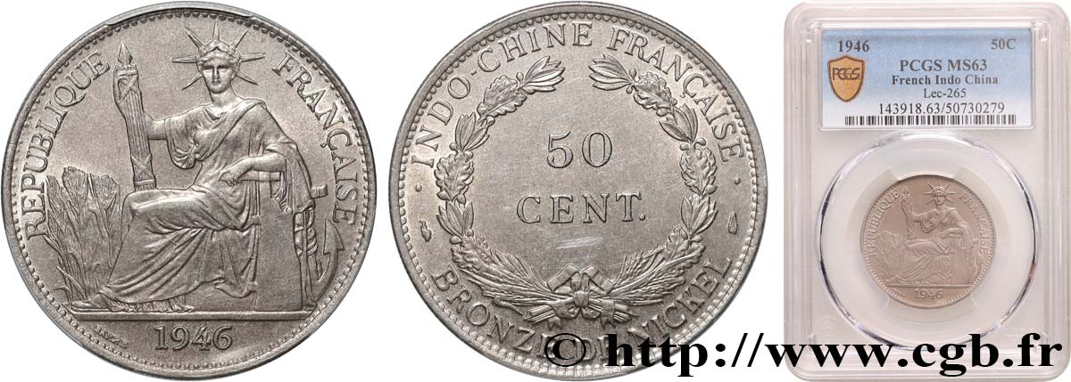 FRENCH INDOCHINA 50 Centièmes 1946 Paris MS63 PCGS