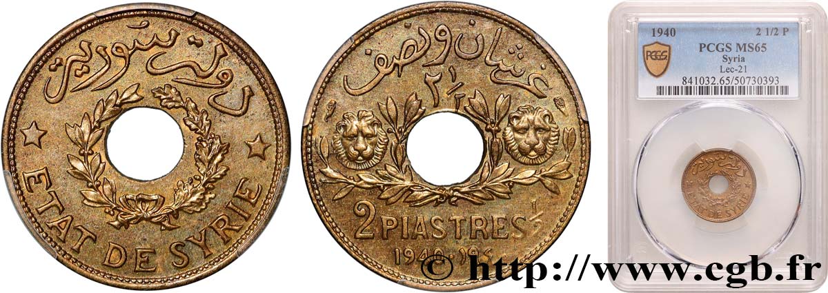 SYRIEN 2 1/2 Piastres État de Syrie 1940 Paris ST65 PCGS