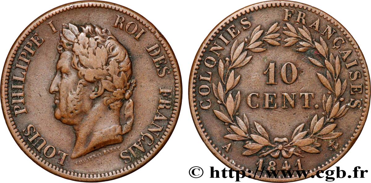 COLONIE FRANCESI - Luigi Filippo, per Guadalupa 10 Centimes 1841 Paris BB 