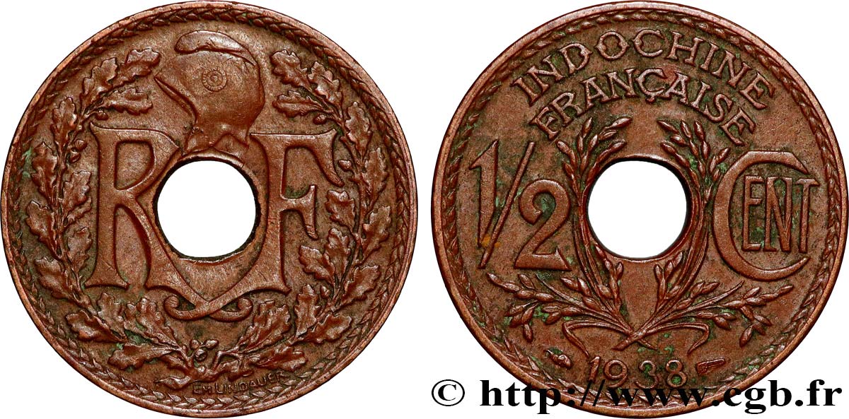 FRENCH INDOCHINA 1/2 Centième 1938 Paris AU 