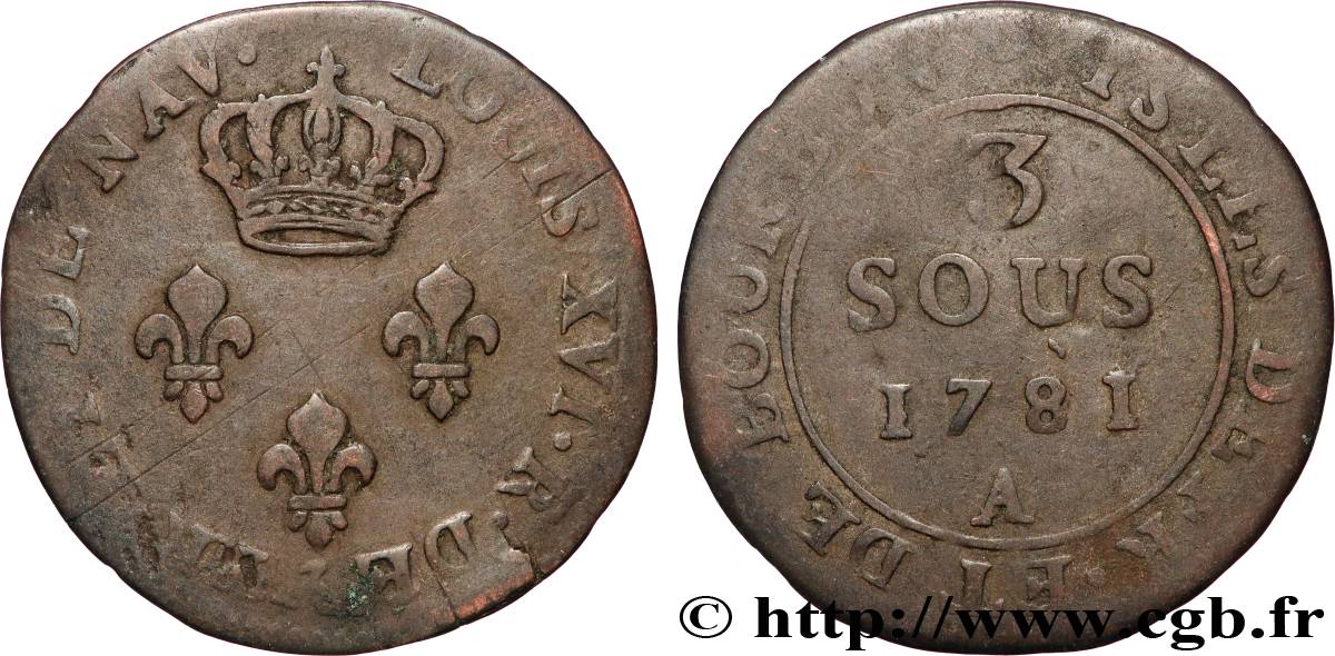 FRENCH ISLANDS AND BOURBON (REUNION ISLAND AND MAURITIUS) 3 sous 1781 Paris XF 