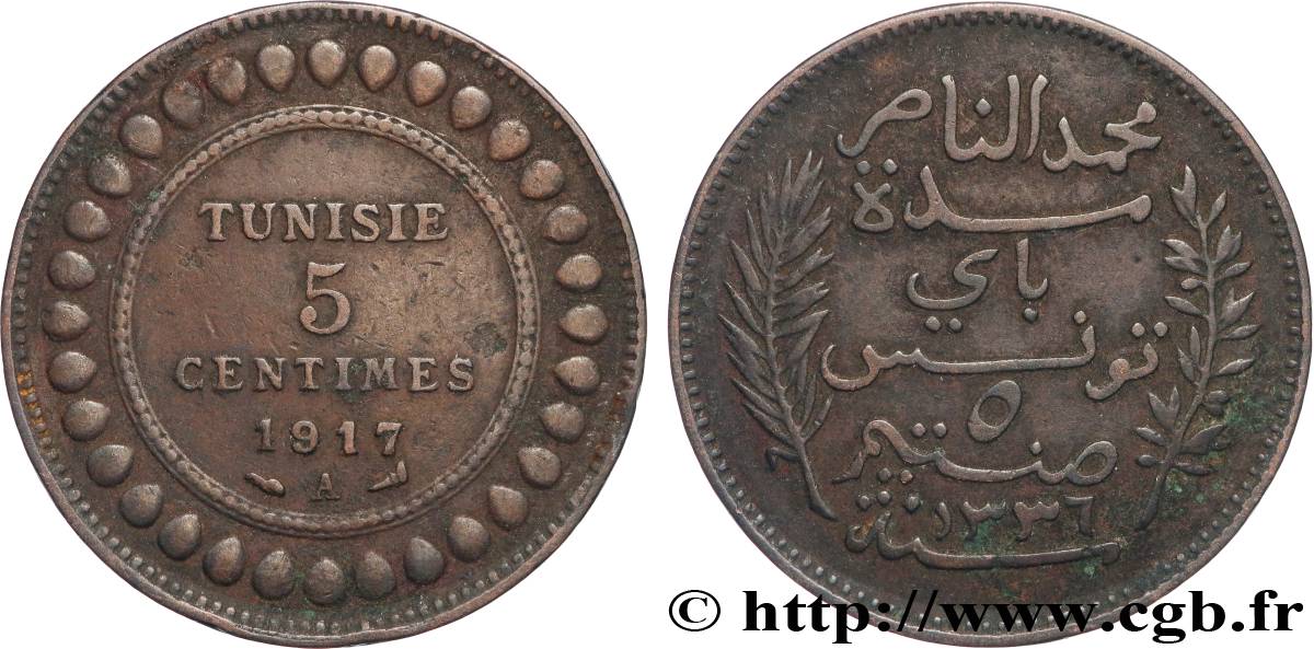 TUNISIA - French protectorate 5 Centimes AH1336 1917 Paris VF 