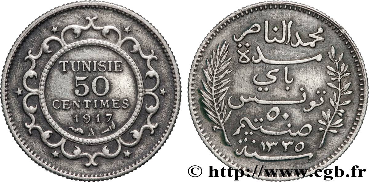 TUNISIA - French protectorate 50 centimes au nom du Bey Mohamed En-Naceur an 1335 1917 Paris XF 