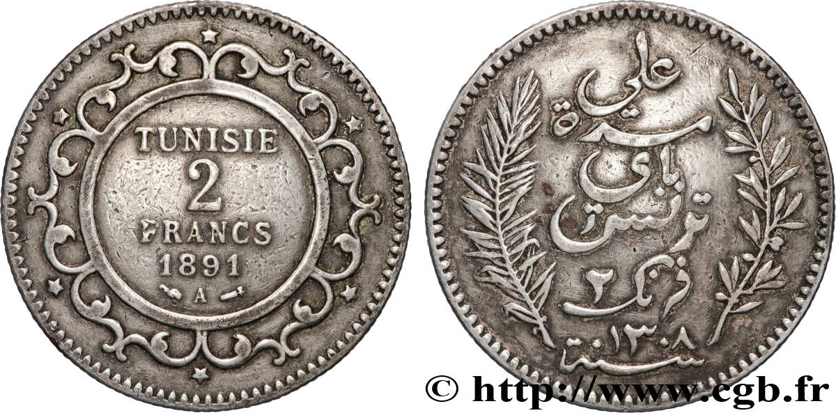 TUNISIE - PROTECTORAT FRANÇAIS 2 Francs AH1308 1891 Paris - A TB+ 