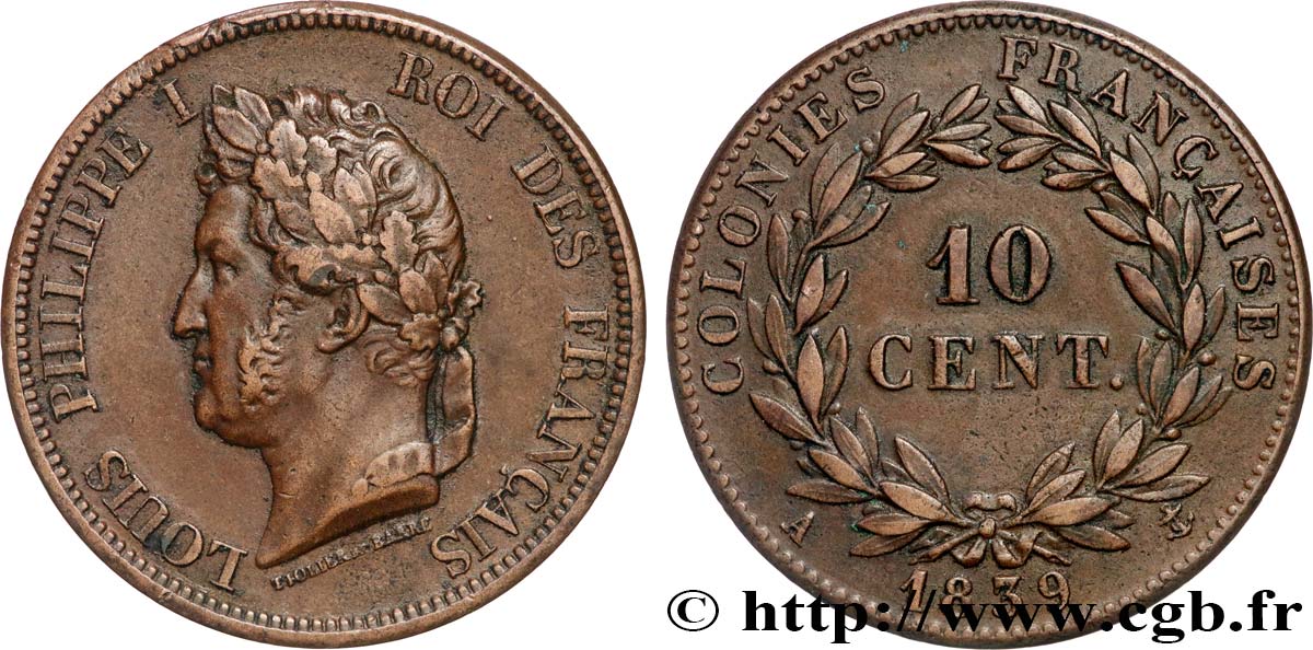 COLONIES FRANÇAISES - Louis-Philippe pour la Guadeloupe 10 Centimes Louis-Philippe 1839 Paris TTB+ 