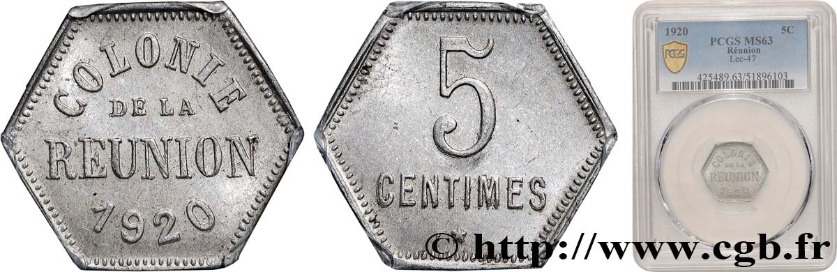REUNION - Third Republic 5 Centimes  1920  MS63 PCGS