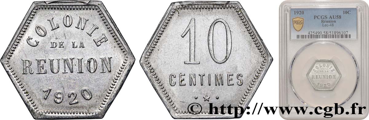 REUNION - Third Republic 10 Centimes  1920  AU58 PCGS