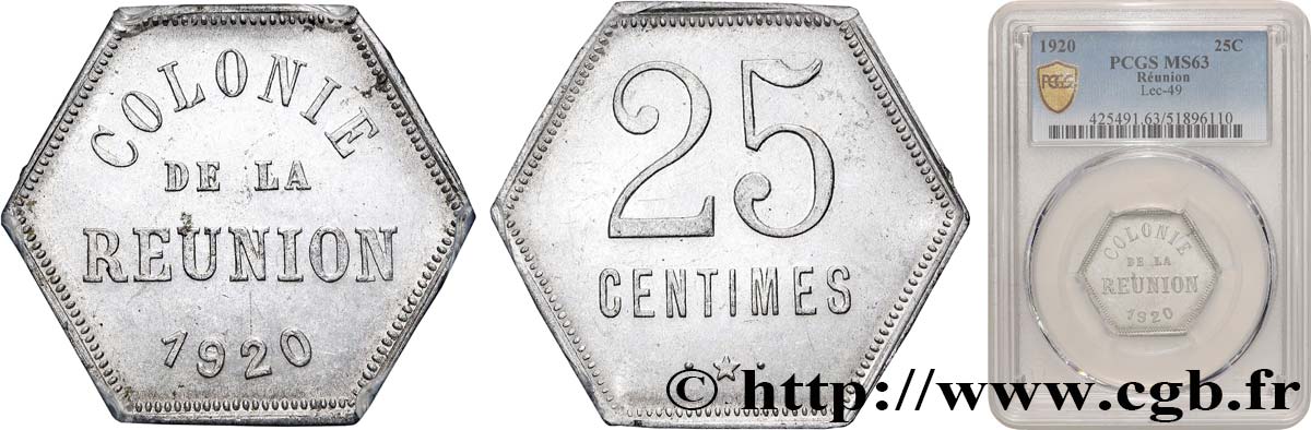 ÎLE DE LA RÉUNION - Troisième République 25 Centimes  1920  SPL63 PCGS