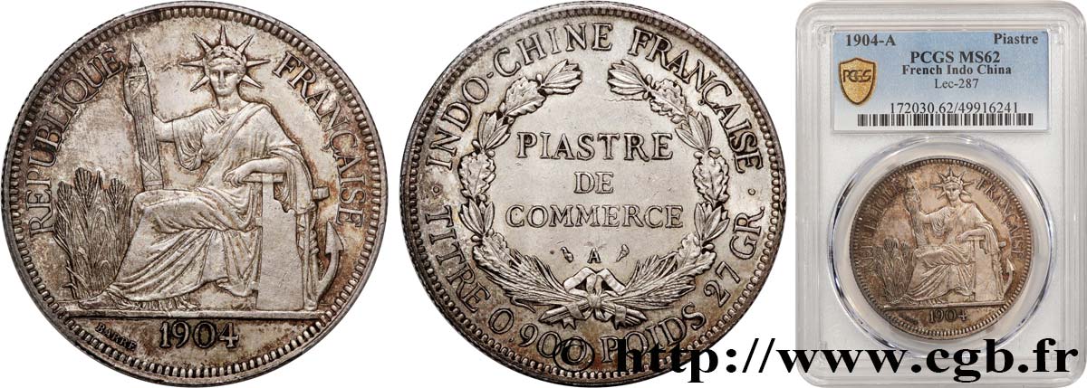 INDOCHINE FRANÇAISE 1 Piastre de Commerce 1904 Paris SUP62 PCGS