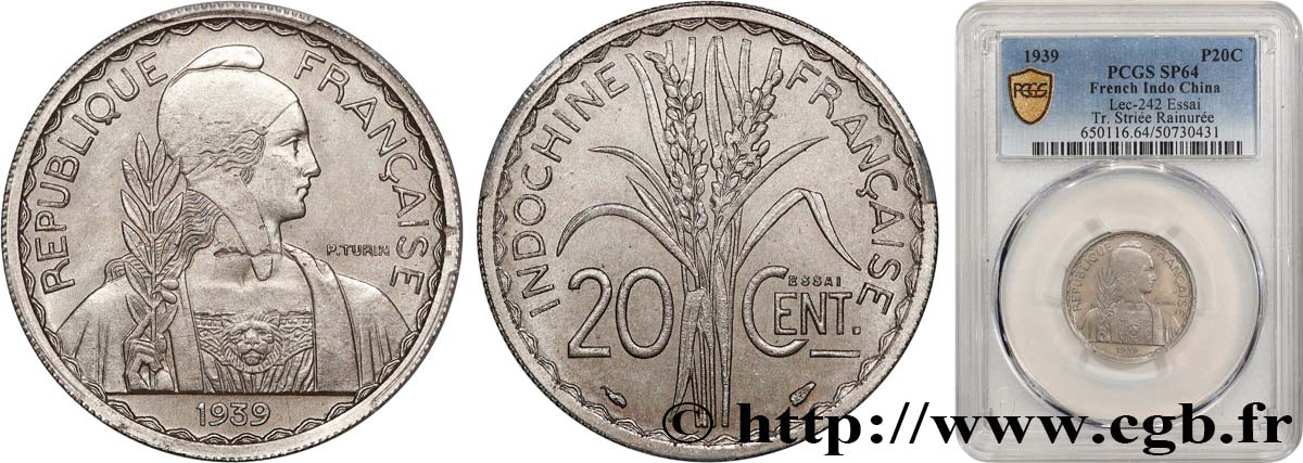 INDOCHINE FRANÇAISE Pré-série avec le mot Essai de 20 Centièmes 1939 Paris SPL64 PCGS