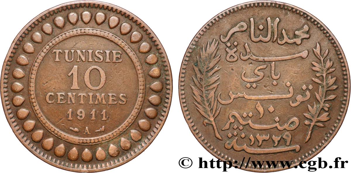 TUNISIE - PROTECTORAT FRANÇAIS 10 Centimes AH1329 1911 Paris TTB 