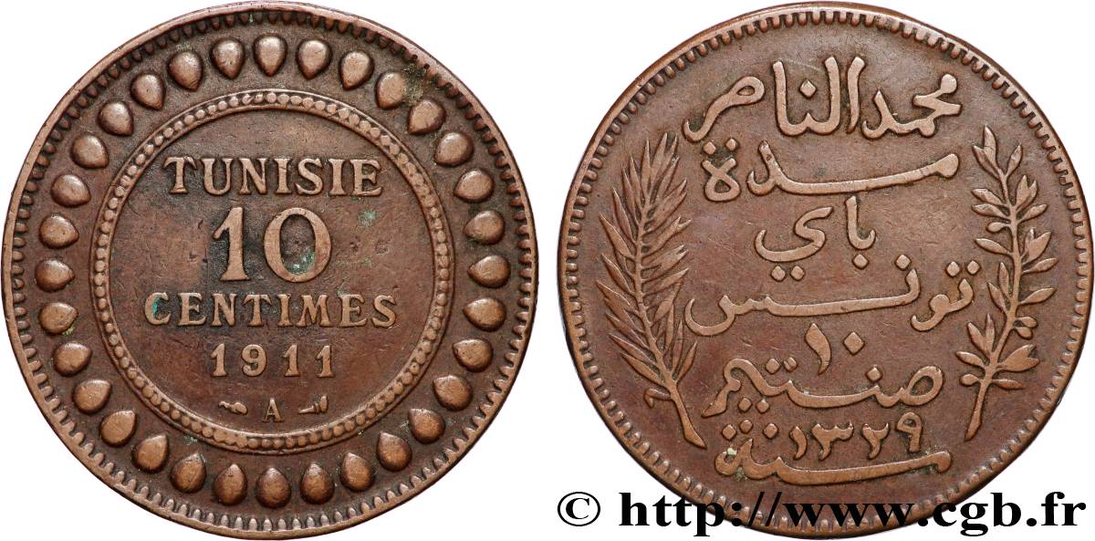 TUNISIE - PROTECTORAT FRANÇAIS 10 Centimes AH1329 1911 Paris TTB 