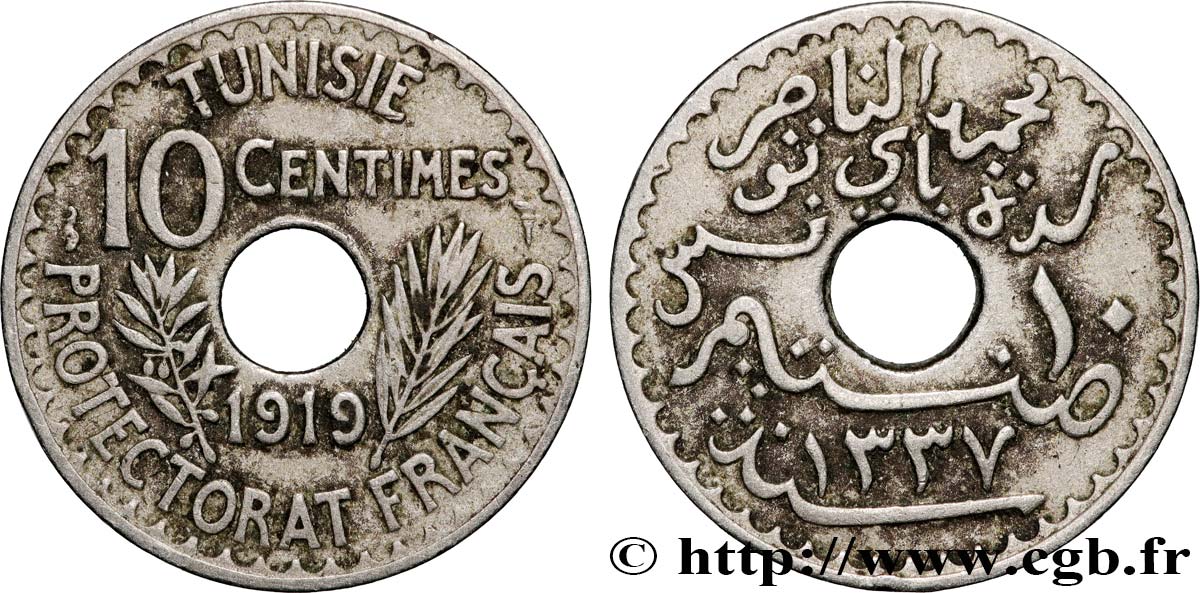 TUNISIA - French protectorate 10 Centimes AH 1337 1919 Paris XF 