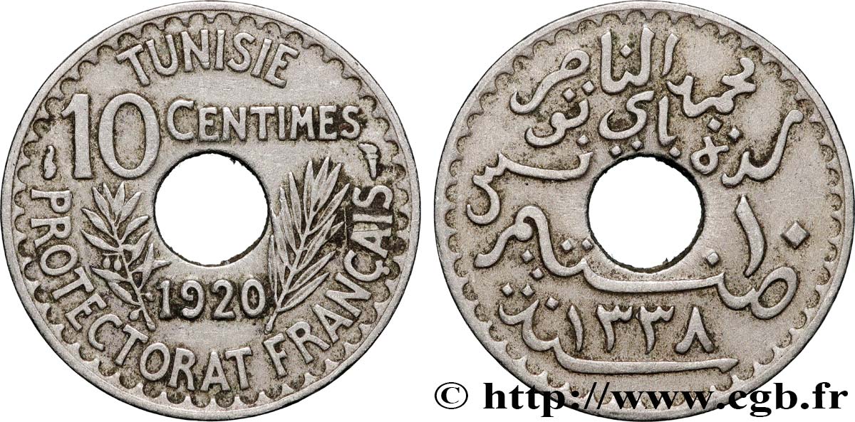 TUNISIA - FRENCH PROTECTORATE 10 Centimes AH1338 1920 Paris XF 