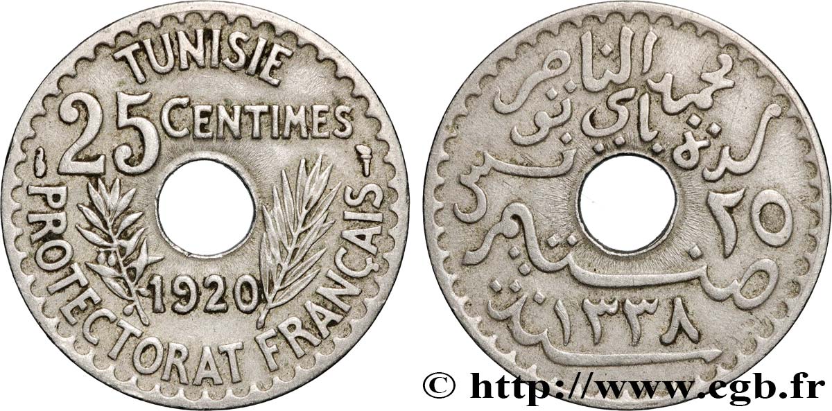 TUNISIA - French protectorate 25 Centimes AH1338 1920 Paris XF 