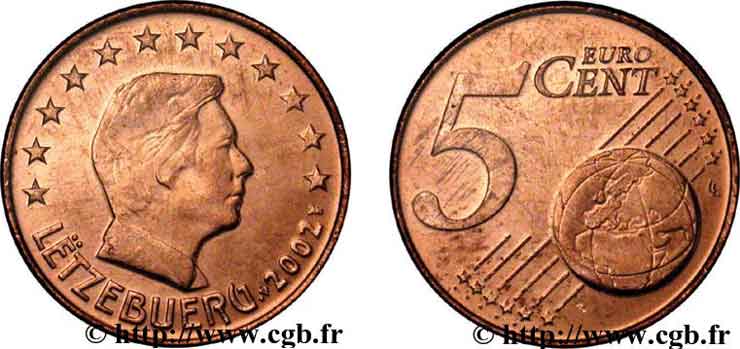 LUXEMBOURG 5 Cent GRAND DUC HENRI 2002 AU58