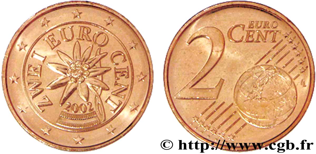 AUSTRIA 2 Cent EDELWEISS 2002 MS63