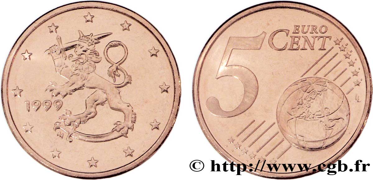 FINLAND 5 Cent LION HÉRALDIQUE 1999 MS63