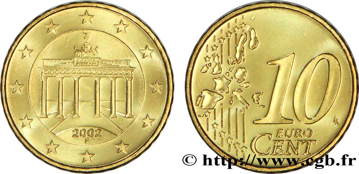 GERMANY 10 Cent PORTE DE BRANDEBOURG - Stuttgart F 2002 MS63