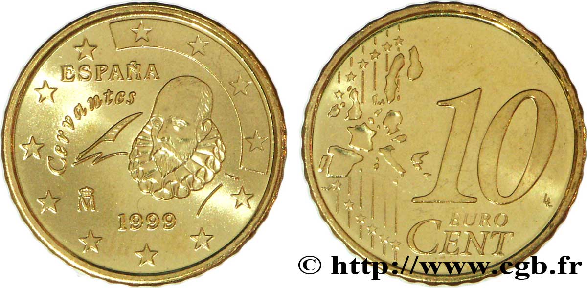 SPAIN 10 Cent CERVANTÈS 1999 MS63