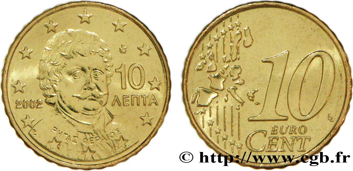 GREECE 10 Cent RIGAS VELESTINLIS-FERREOS 2002 MS63